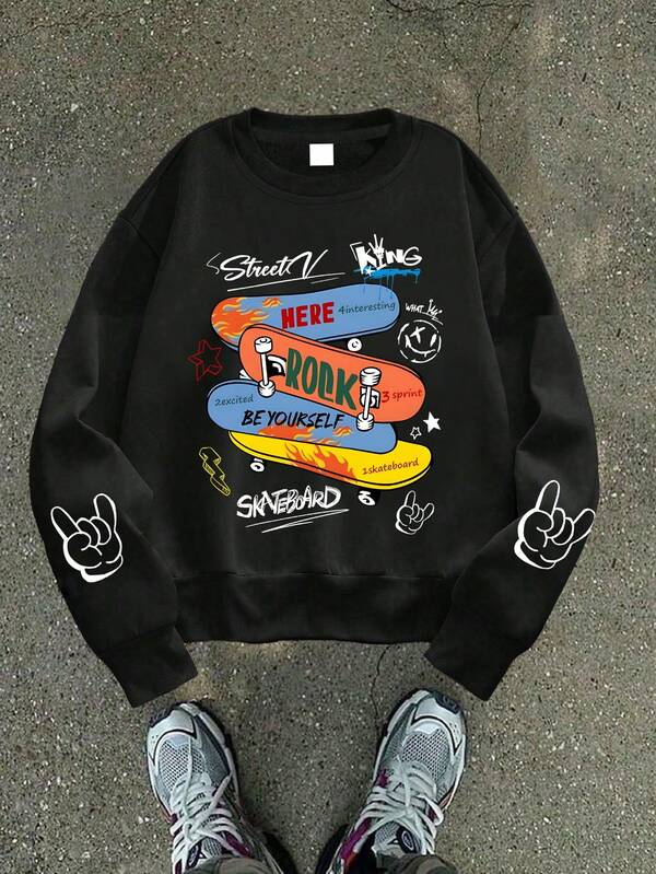 1PC Teen Boy Skateboarding Style Street Element Print Crew Neck Sweatshirt, Soft And Comfortable, Spring Autumn Daily Leisure Wear