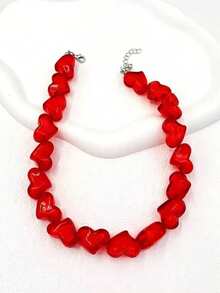 1pc Handmade Red Heart Acrylic Necklace For Women