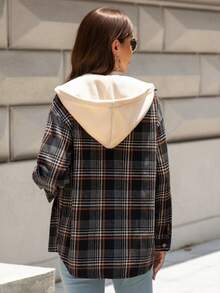 Áo khoác nhẹ có mũ kẻ caro dành cho nữ, Xuân/Thu - màu đen - Xem 6