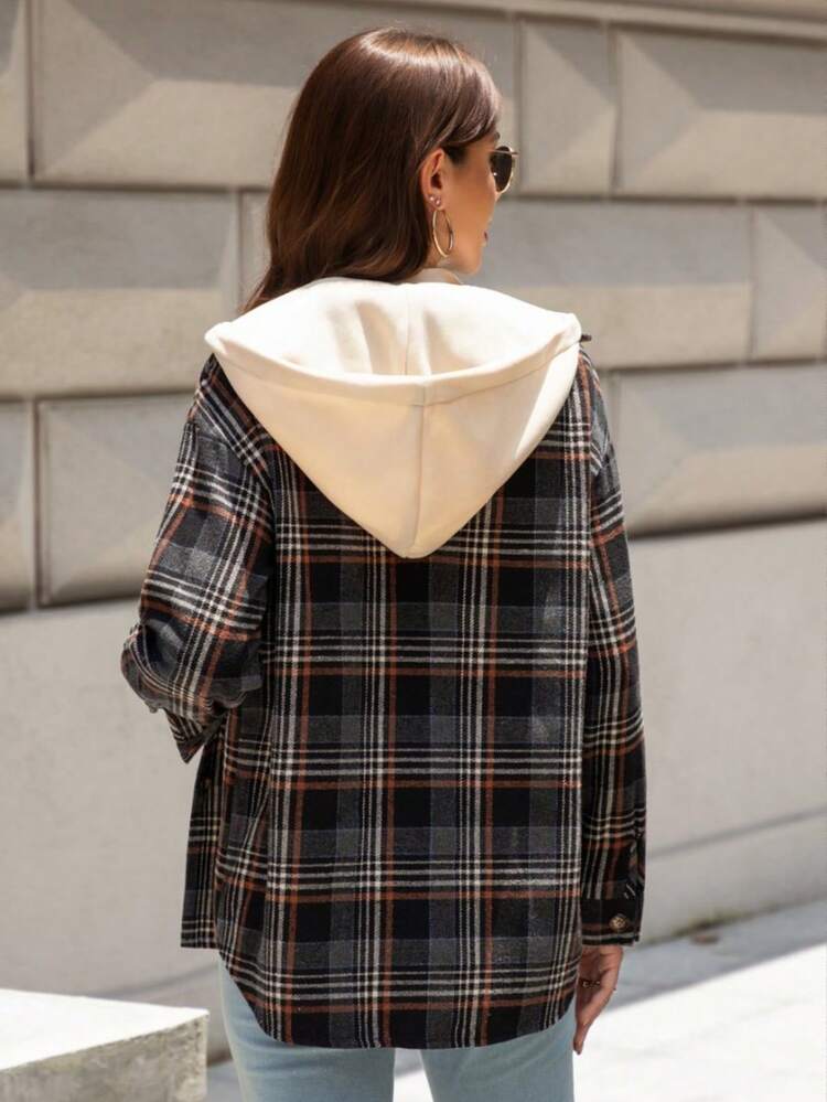 Áo khoác nhẹ có mũ kẻ caro dành cho nữ, Xuân/Thu - màu đen - Xem 6