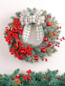 1pc 14.96inch Christmas Red Berry Wreath Decor, Creative Christmas Berry & Bow Vine Wreath For Holiday Home Decor, Suitable For Staircase, Outdoor, Living Room Wall Christmas Decorations Room Decor Winter