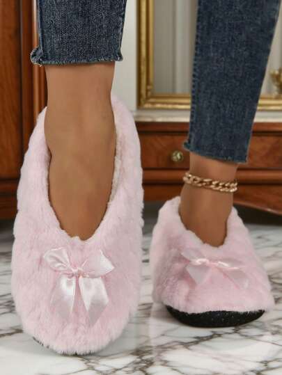 女士纯色蝴蝶结装饰加厚保暖室内拖鞋，舒适家居拖鞋袜