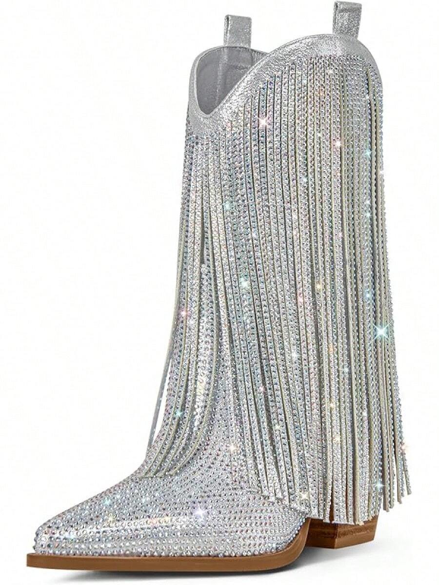 Women's Cowboy Boots, Western Cowboy Boots, Pointed Toe, Chunky Heel, Slip-On Wide Boots, Sparkling Tassel Decoration - Bạc - Xem 1