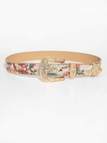 1 件女士复古宫廷风格宝石雕花扣花卉刺绣腰带，百搭牛仔裤配饰 - 宮廷風淺粉紅花刺繡 - 查看 3