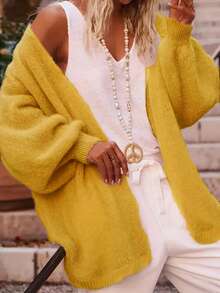 Autumn/Winter Casual Solid Color Soft Elegant Versatile Plus Size Women Knitted Long Sleeve Loose Cardigan - Yellow - View 2
