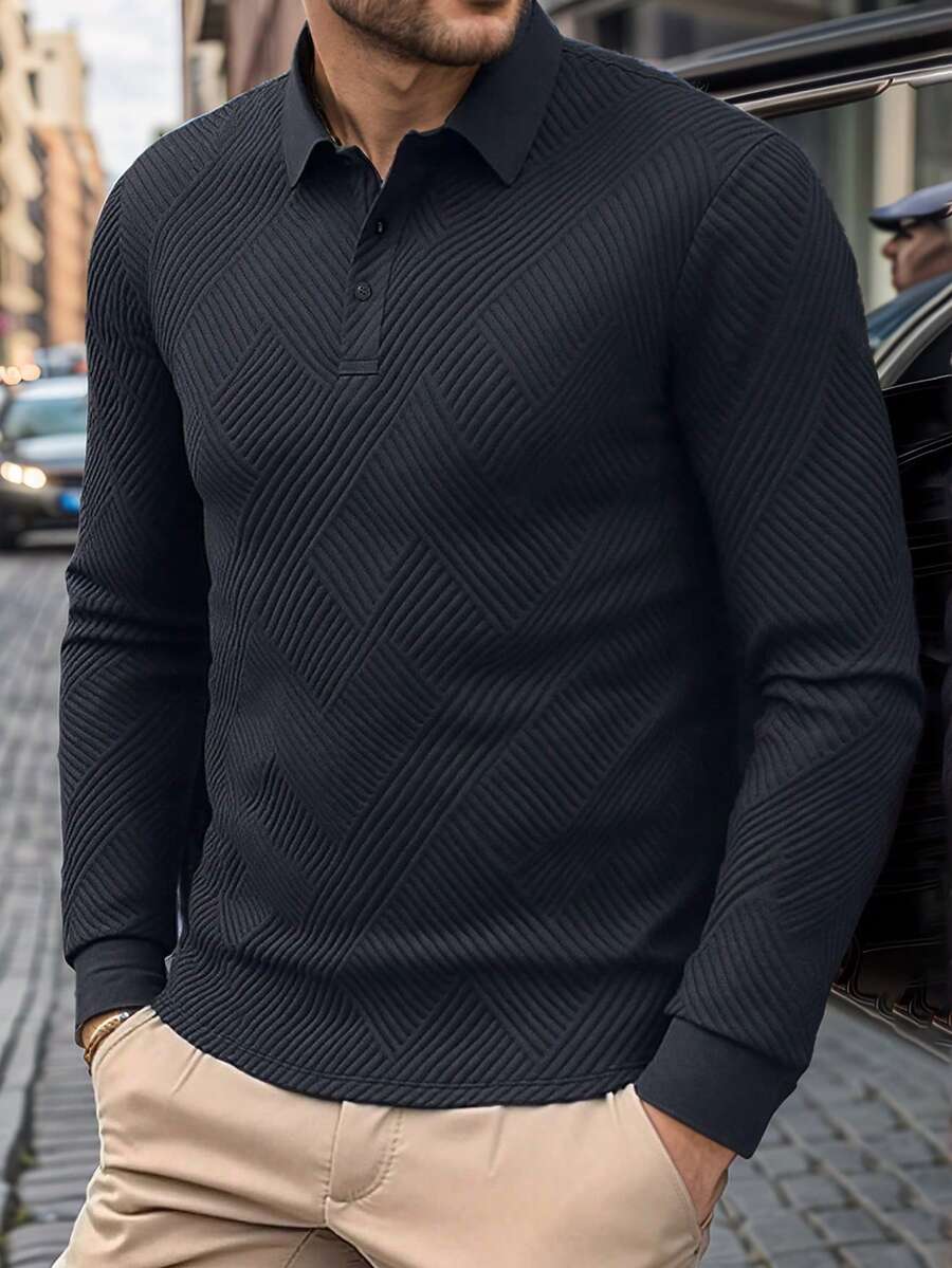 1 Stück Herren Lässig Langarm Strick Poloshirt, weiches Jacquard Design, bequem zu tragen, klassischer Polokragen-Stil. Geeignet für Büro, Golf, Lässig, Sport, Outdoor, Golf, Reisen, Urlaub, Zusammenkünfte - Schwarz - Übersicht 1