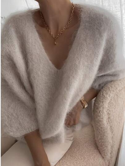 V-Neck Solid Color Fine Velvet Knit Sweater, Casual For Autumn/Winter