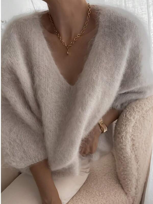 Sweter z cienkiego aksamitu w jednolitym kolorze z dekoltem w serek, swobodny na jesień/zimę