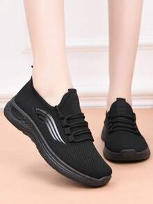 Giày thường ngày thoáng khí cho nữ, giày làm việc đế mềm chống trượt màu đen thoải mái, giày thể thao mũi tròn vải trơn màu, phù hợp cho mọi mùa - màu đen - Xem 4