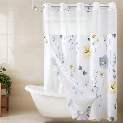 Cortina de ducha con flores, cortina de baño de tela con flores en acuarela, cortina de ducha sin ganchos con ventana superior de malla, conjunto de cortinas de baño impermeables de tela, decoración de baño amarilla