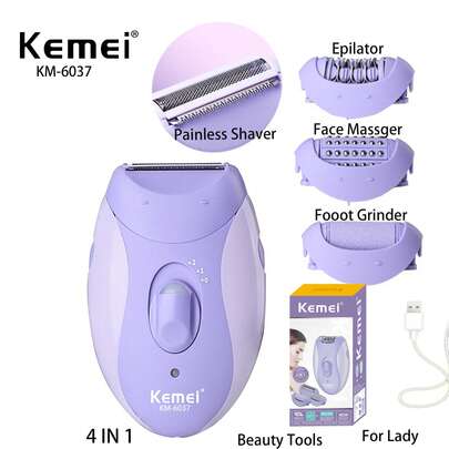 Kemei KM-6037 女士脱毛器 脱毛根部无痛剃毛器 比基尼线私密体毛去除面部按摩器 抗皱颈部紧致电动磨脚器 皮肤光滑四合一多功能女士个人护理套装