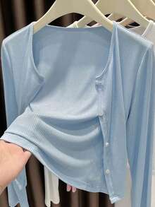 1件女士不对称V领纽扣开衫长袖空调披肩 - 羅紋披肩 - 查看 15