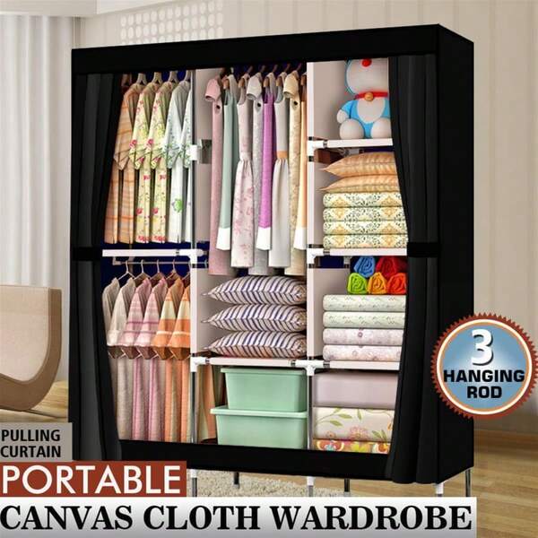 Armario portátil de 180 cm - Perchero negro con estante, amplio organizador de almacenamiento, ideal para dormitorios, fácil de montar. Solución para guardar ropa.