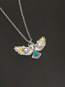 1件复古朋克风夸张猫头鹰、花朵、月亮和仿绿松石吊坠项链，百搭女士日常佩戴、节日庆典、送友珠宝礼物 - 復古銀色 - 查看 2