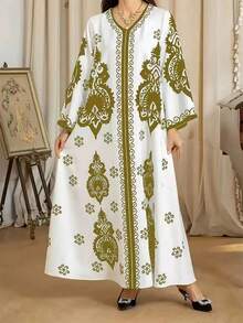 Robe longue imprimée pour femmes musulmanes, style moyen-oriental, pour l'Aïd. Jupe pour l'automne et l'hiver - Blanc - Voir 2