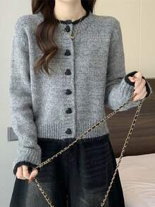 Wixra 2025 Autumn New Design Colorblock Heart Button Knitted Cardigan, Versatile Women Sweater Jacket - Grey - View 8
