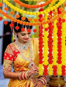 MEHELANY 1 件 4.6 英尺万寿菊花环橙色长排灯节装饰带 30 个悬挂振动球排灯节装饰万寿菊花环，人造万寿菊花，适用于婚礼万圣节装饰、秋季装饰、秋季派对装饰、亡灵节装饰品、感恩节装饰、DIY 万寿菊花环 - 彩色 - 查看 2