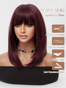 优雅的 16 英寸刘海红色中长直发鲍勃假发 - 耐热合成头发，哑光丝绸，适合初学者，易于护理，适合女性日常佩戴派对假发，万圣节圣诞节角色扮演街头时尚假发 - 中紫紅色 - 查看 7