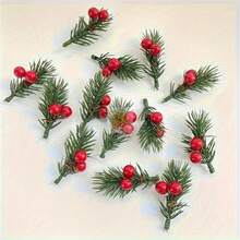 24pcs Artificial Christmas Pine Branches With Cranberries And Plastic Holiday Flowers, Suitable For DIY Crafts, Gift Box Decorations, And Party Supplies Home Decor Christmas Decorations Room Decor