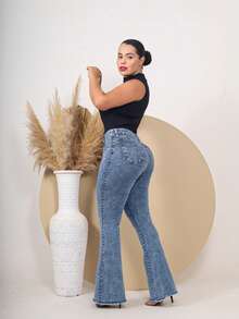 Women's Flare Jeans, Simple Casual Jeans, Pocket Zipper Button, Flare Pants, Office, Fall/Winter - 大理石紋 - 查看 2