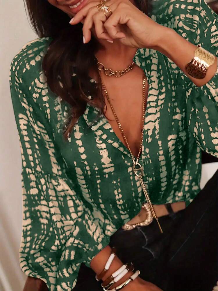 Women's Spring/Summer Vacation Allover Print Shirt - Elegant Lantern Sleeve, Button Collar, Lightweight Polyester, All-Over Allover Print Summer Shirt - Green - View 1