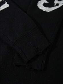 ANDREILEE 男女通用抽象深色十字蜘蛛网图案做旧宽松套头针织衫，休闲通勤百搭，春秋冬季 - 黑色 - 查看 5