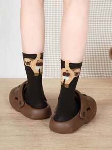 3 双随机小狗和鸡蛋设计百搭可爱卡通小狗中筒袜，适合春季、夏季、秋季