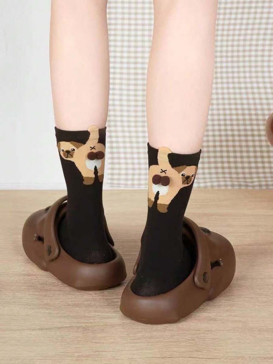 3 双随机小狗和鸡蛋设计百搭可爱卡通小狗中筒袜，适合春季、夏季、秋季