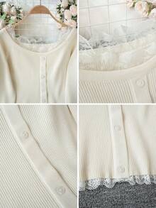 蕾丝拼布针织露肩长袖上衣，仿纽扣开合，性感优雅的女士毛衣，适合外出约会，秋冬 - 杏色 - 查看 6