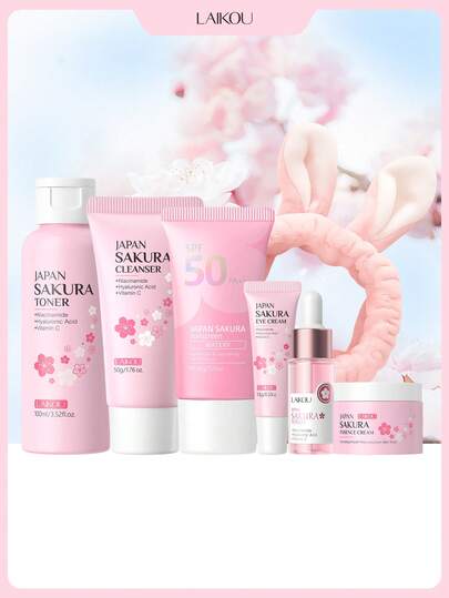 1 套美白 LAIKOU 日本樱花护肤套装，（发带 + 樱花精华 17ml + 樱花防晒霜 (Spf50) (水润)50g + 樱花精华霜 25g + 樱花洁面乳 50g + 日本樱花爽肤水 100ml + 樱花眼霜 15g）提升整体完成度护肤礼盒保湿护肤礼品袋适合女性所有肤质护肤自我护理旅行用品