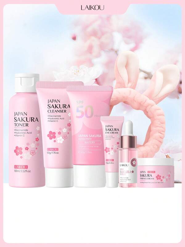 1 套美白 LAIKOU 日本樱花护肤套装，（发带 + 樱花精华 17ml + 樱花防晒霜 (Spf50) (水润)50g + 樱花精华霜 25g + 樱花洁面乳 50g + 日本樱花爽肤水 100ml + 樱花眼霜 15g）提升整体完成度护肤礼盒保湿护肤礼品袋适合女性所有肤质护肤自我护理旅行用品