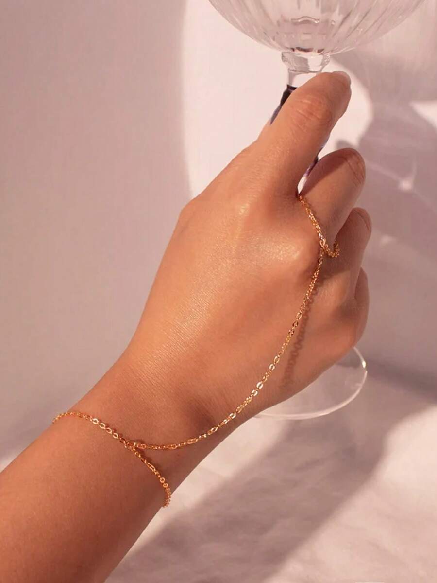 Pulsera de cadena de mano delicada chapada en oro, cadenas de eslabones hechas a mano que conectan brazaletes de arnés, joyería de mano para mujer, regalo, joyería de playa de verano - B2339 - Ver 1