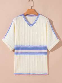 Acelitt Áo len dệt kim dáng rộng, xẻ tà, cổ chữ V, tay cánh dơi, kẻ sọc trắng mùa thu. - trắng - Xem 6