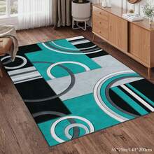 A Modern Abstract Pattern Carpet, Machine Washable, Suitable For Living Room, Bedroom, Balcony, Multifunctional Indoor And Outdoor Carpet, 100% Polyester Fiber, Dimensions 100.0cm X 160.02cm - Teal And Black - 彩色 - 查看 4