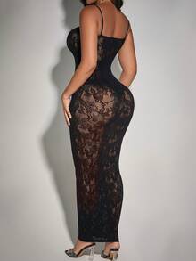 Women Lace Hollow Out Spaghetti Strap Maxi Dress - Black - View 2