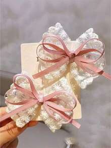 1 件可爱蝴蝶结网状花朵发夹，优雅侧面或背面发夹头饰 - 粉色 - 查看 6