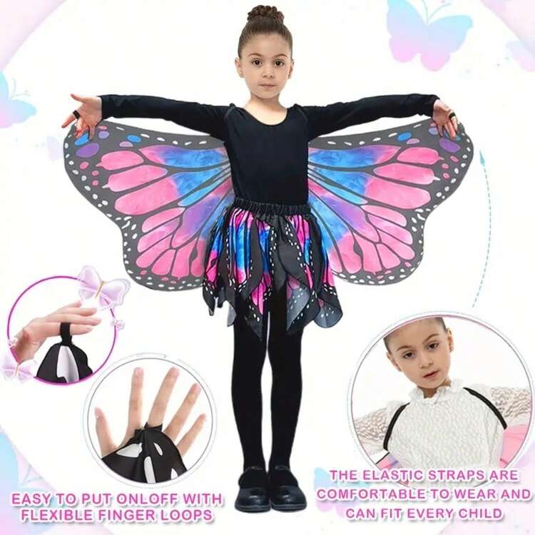 Girl's Butterfly Wing Costume Set, Butterfly Shawl And Skirt, Girls' Dress Up Wings Halloween Birthday Party Gift, Girl's Insect Costume Party Gift, Butterfly Crazy Dress Up Girls, Cute Butterfly Wings, Suitable For Halloween, Christmas, Birthday Parties - Multicolor - View 4