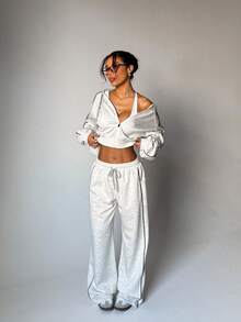 FWH Siluetă lejeră cu picioare largi, Cordon reglabil + Talie elastică, Buzunare laterale spațioase, Pantaloni de trening cu picioare largi pentru femei, Pantaloni casual cu talie elastică, Pantaloni sport supradimensionați, Pantaloni casual cu picioare largi pentru femei - Talie elastică cu cordon și buzunare laterale