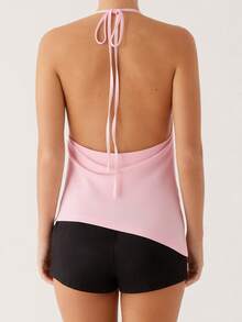 Women's Halter Neck Vest Summer Sleeveless Open Back Deep V Neck Solid Color Tank Tops - Bright Pink - View 3