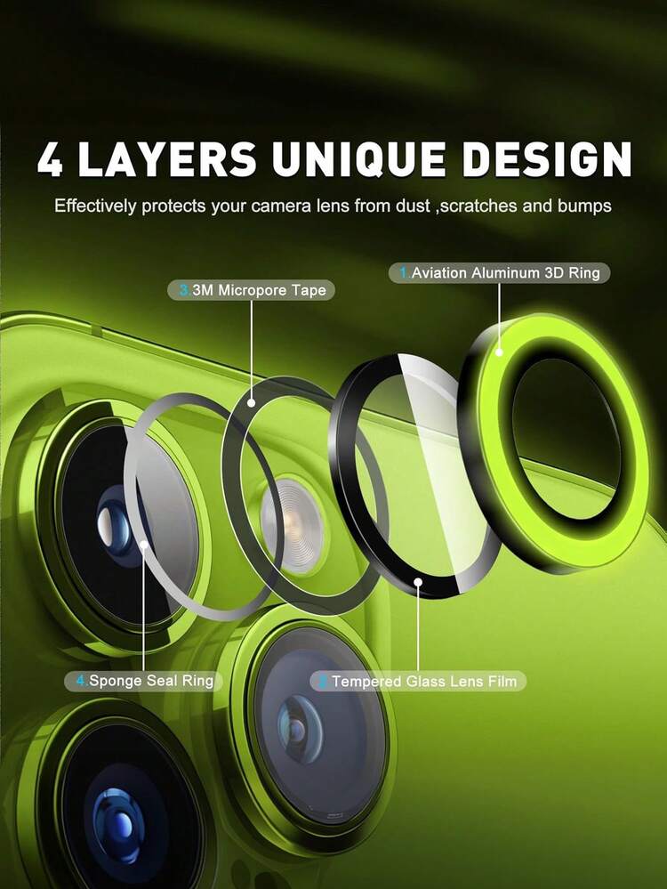 1 包适用于 夜光镜头保护膜（柠檬绿），耐用 9H 钢化玻璃，易于粘贴，防刮，表面光滑，适用于 11/12/13/14/15/16 Pro/Max/17/17 Air/17 Pro/17 Pro Max 适用于日常防护、办公室、家用手机摄像头保护套防水防震防摔防刮 - 果綠色 - 查看 4