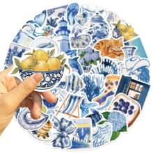 50 件蓝色卡通 Ins 风格贴纸美观乙烯基贴纸贴花剪贴簿、日记本、笔记本电脑、保险杠、滑板、水瓶、电脑、手机 - 彩色 - 查看 4