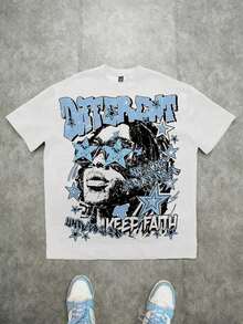 180Gpure CottonSlaydiva Casual Simple Hip-Hop Fingerprint & Portrait Print Loose Round Neck Short Sleeve T-Shirt For WomenGIFT - 多色 2 - 查看 2