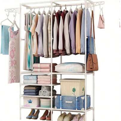 Shoze Heavy Duty Clothes Rod With 6 Layers Storage Racks And 4 Hooks Clothing Hanger Heavy Duty Clothes Organizer Stand Freestanding Wardrobe For Living Room Dressing Room Bedroom Storage