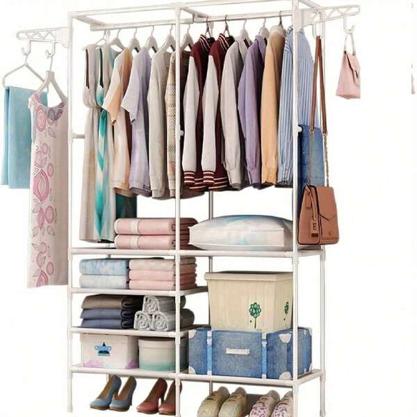 Shoze Heavy Duty Clothes Rod With 6 Layers Storage Racks And 4 Hooks Clothing Hanger Heavy Duty Clothes Organizer Stand Freestanding Wardrobe For Living Room Dressing Room Bedroom Storage