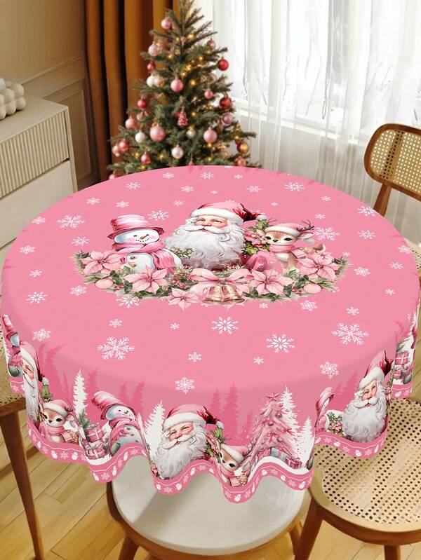 1pc Pink Christmas Tablecloth, Santa Claus Snowman Reindeer Pattern, Polyester Winter Xmas Round & Rectangle Table Cover, 2 Sizes Available, Durable Tablecloth, Festive Holiday Kitchen Dining Table Decor, Christmas Party Decorations, Home Decoration, Christmas Gift, New Year 2026 Decor