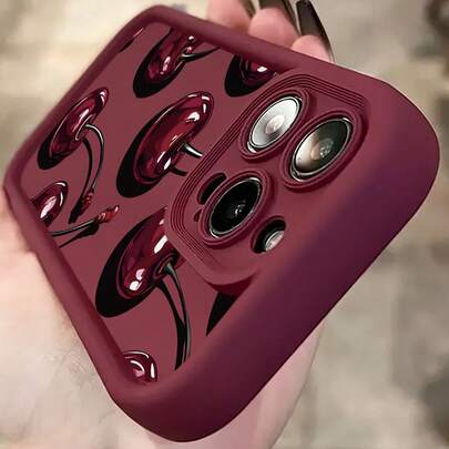 Minimalist Cherry Style Fashion Phone Case 1pc Cherry Pattern 2D Printed Precise Hole Camera Protection Anti-Slip Anti-Drop Burgundy Phone Case Matte