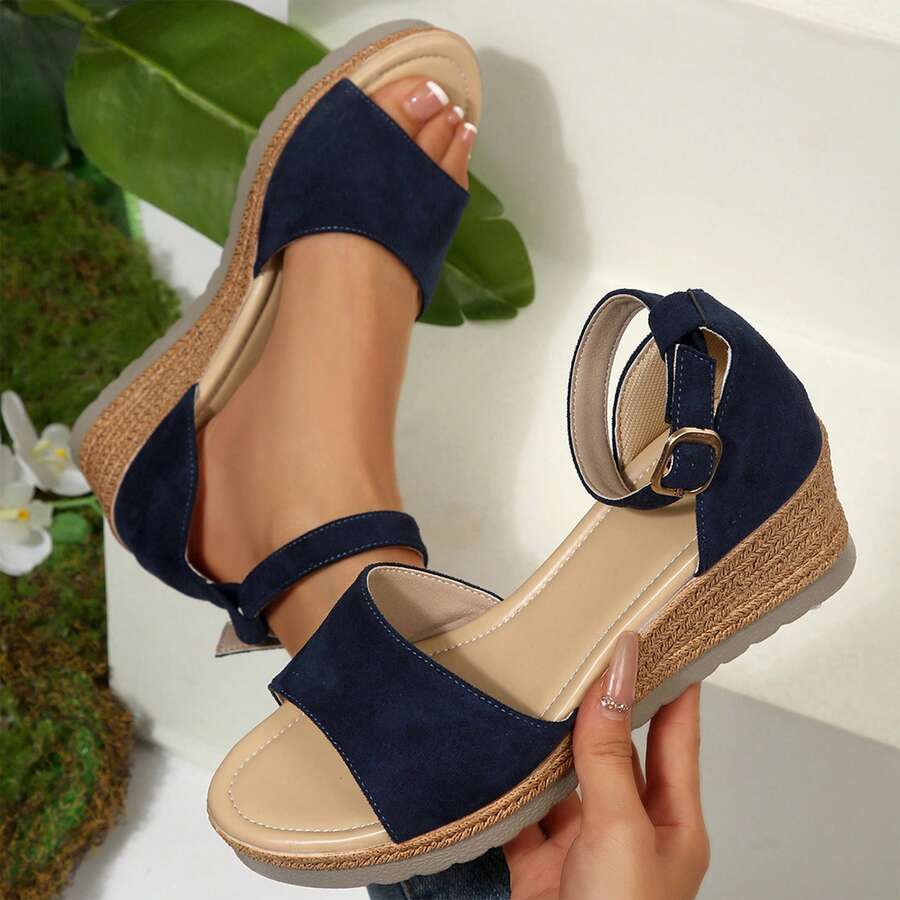 Womens Comfortable Open Toe Wedge Sandals Ankle Strap Heels Dressy Summer Platform - Màu xanh hải quân - Xem 1