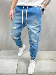 Men's Light Blue Ripped Jogger Jeans - Stretch Denim Pants With Elastic Waist & Tapered Cuff, Distressed Casual Streetwear Skinny Fit Trousers For Daily Wear - 淺色水洗藍 - 查看 2