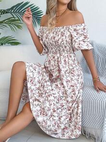 Summer Blue Floral Off Shoulder Midi Dress For Women, Smocked Puff Sleeve A Line Casual Vacation Dress - 白色 - 查看 6