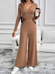 Fashion Women's Autumn And Winter Long Sleeved Set With Solid Color Texture, Basic And Versatwomen's Two Pieces Set